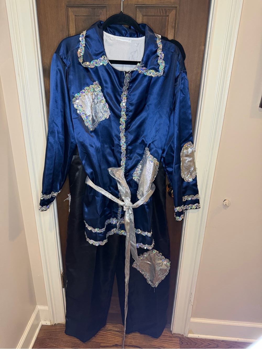 Vintage Mardi Gras Costume Royal Blue Silver Sequin Patch Tunic Pants Set VGUC
